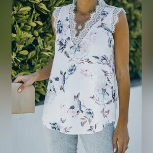 Floral Lace Trim Sleeveless Top